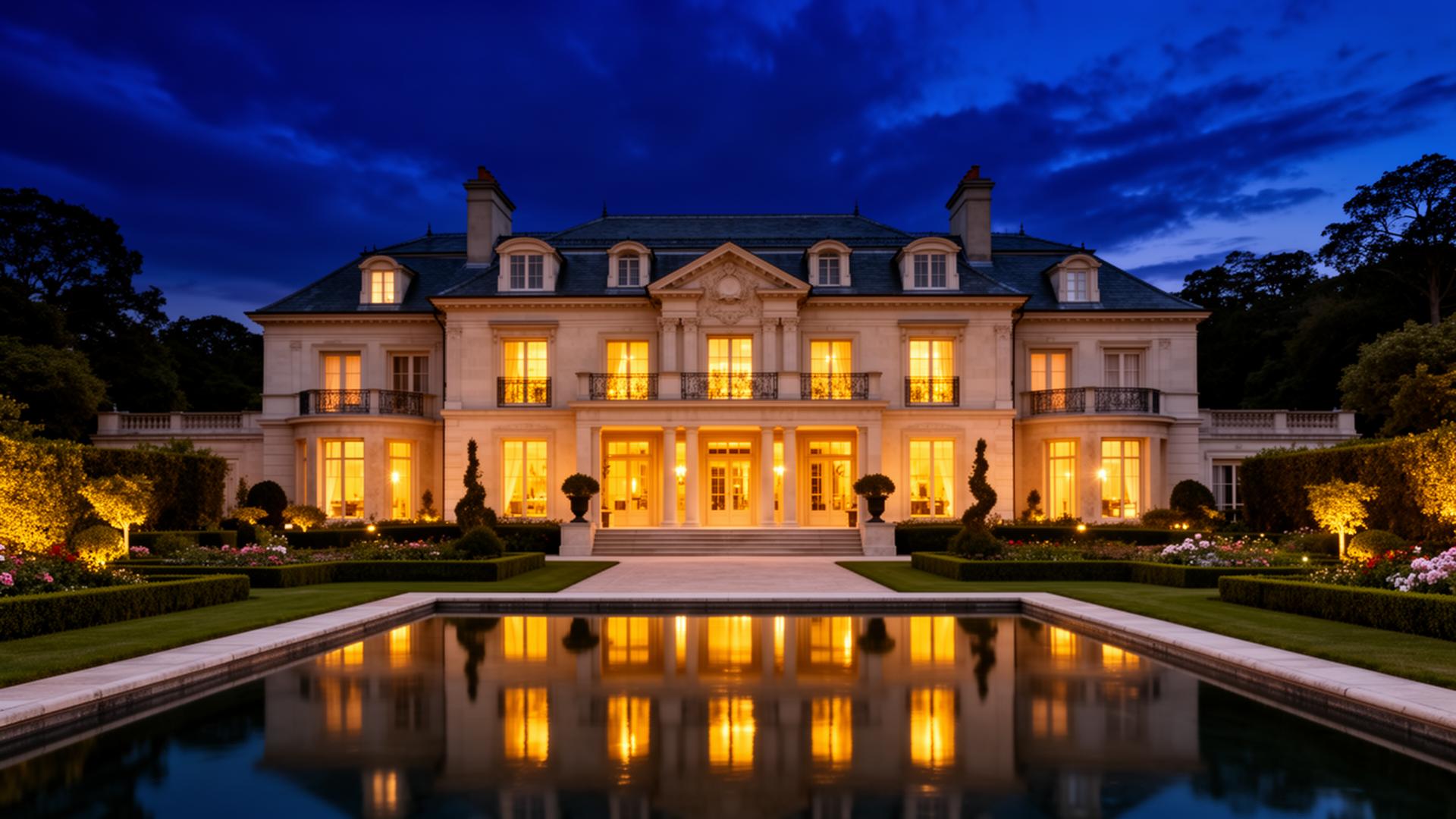 A grand illuminated estate at twilight with reflecting pool